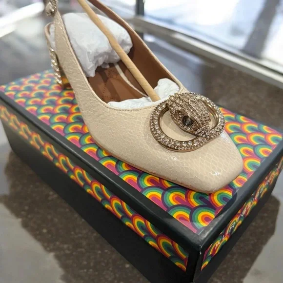 Cream Slingback Heels with Embellished Block Heel - Picture 6 of 10